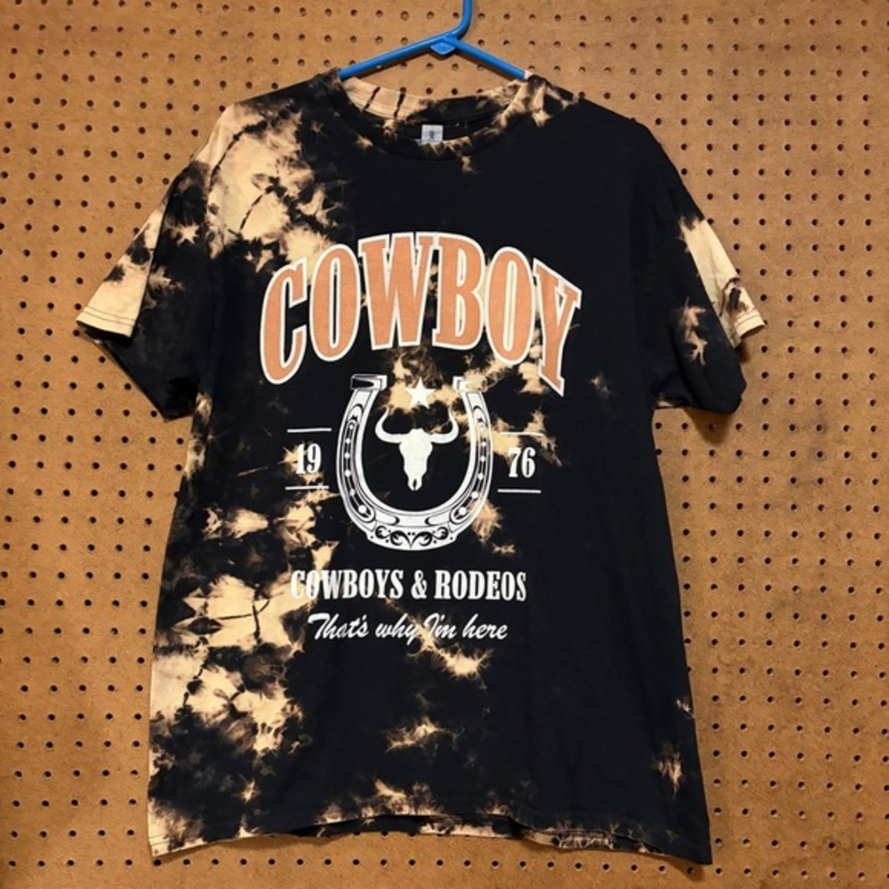 Gildan Cowboy Rodeo Bleach Tie Dye Graphic T-Shirt Black Large Western